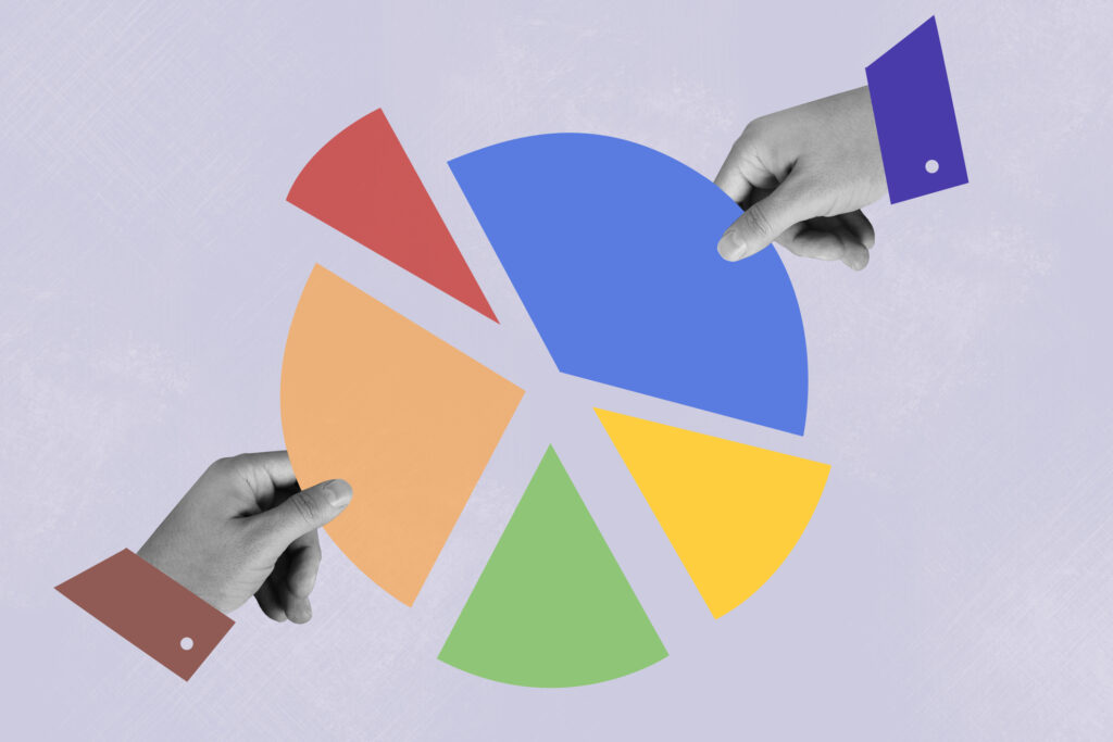 Hands holding pieces to a pie chart