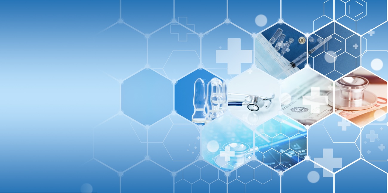 Digital image of medical symbols and equipment on blue background